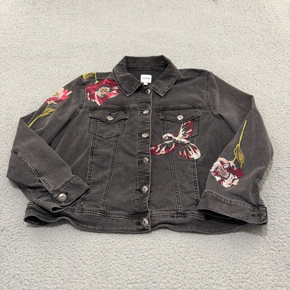Kensie Jeans Denim Trucker Jacket Women 1X Washed Black Embroidered Floral Bird